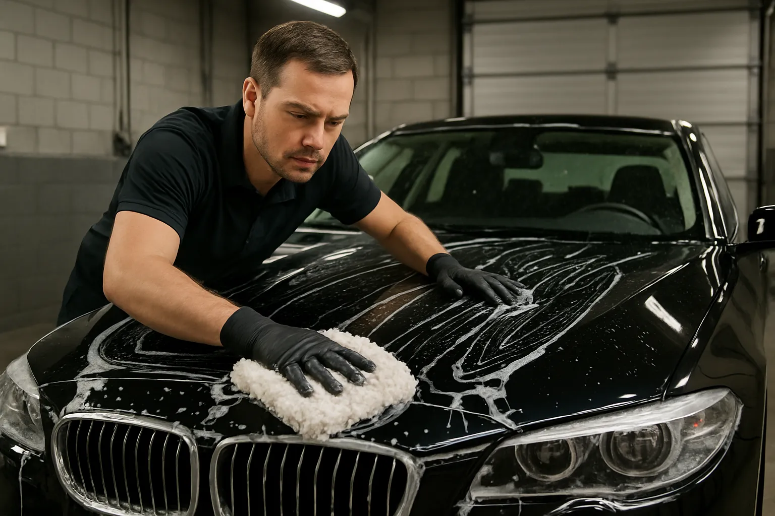 Un professionnel nettoyant une voiture pour éviter les rayures.