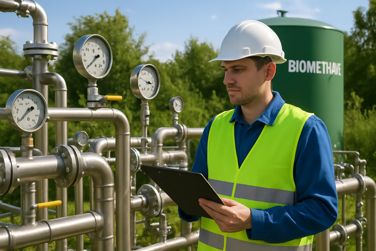 Un technicien examine une installation de biométhane.