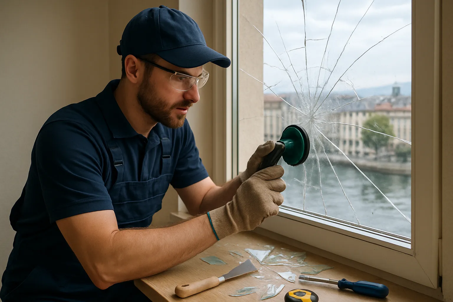 Un vitrier réparant une vitre cassée dans un appartement à Genève.